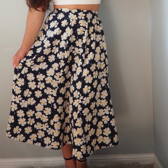 Vintage Navy Floral Tea Length Skirt - Picture 1 of 3